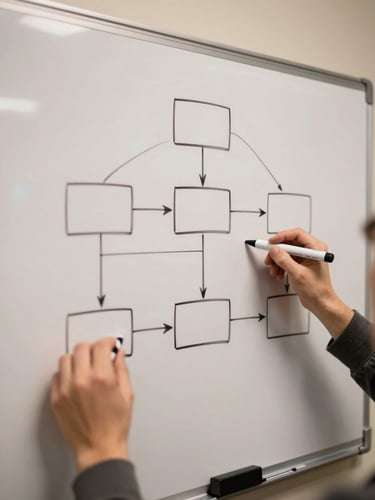 Overhead close view of a whiteboard mid-session, marker lines forming a system architecture diagram, two sets of hands visible at the edges reaching in to annotate, warm studio lighting, no faces, genuine work-in-progress energy