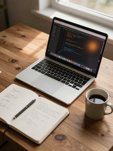 Overhead close view of a developer's desk mid-session — an open laptop showing a code editor with warm amber screen glow, a physical notebook with handwritten test case notes beside it, a ceramic mug, natural side light from a nearby window casting soft shadows across the wooden surface