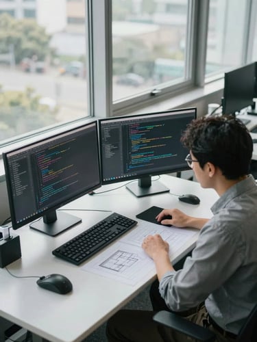 Wide overhead view of two engineers reviewing code on dual monitors at a shared desk, natural office daylight from tall windows casting even light across keyboards and printed architecture diagrams spread between them, shoulder-to-shoulder collaboration mid-review