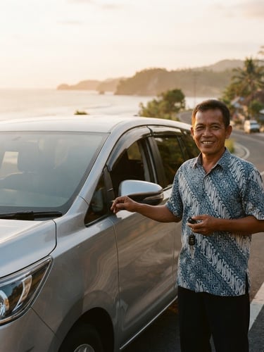 Friendly local driver in Kupang smiling and holding car keys next to a clean modern MPV, bright warm golden hour sunlight, coastal road background, 35mm lens