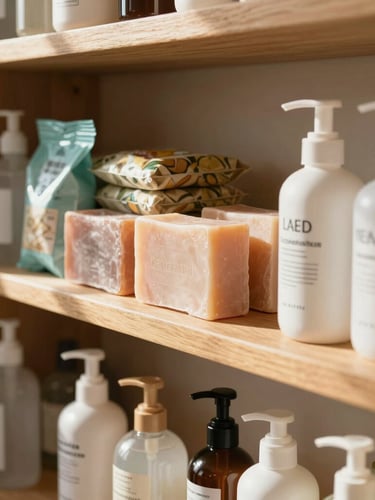 Bright, warm close-up of neatly arranged daily household essentials on wooden shelves, including soaps, packaged groceries, and personal care items, soft morning light filtering in.