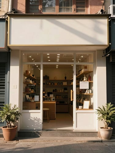 A warm environmental photograph of a clean, welcoming local store entrance in New Delhi, bright morning sun casting soft shadows, inviting atmosphere