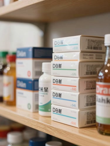A close-up photograph of neatly stacked daily household groceries on warm wooden shelves, soft daytime window light, shallow depth of field, no medicine