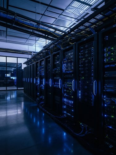 Sleek corporate technology photography, low-key cool ambient lighting, sharp electric blue accents, architectural depth of a modern glass server facility, 35mm lens.