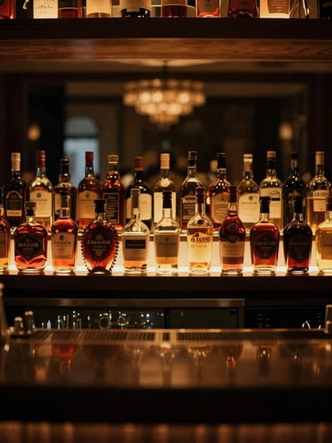 Wide environmental shot of an elegant backbar display in a luxurious Jakarta hotel lounge, rows of premium spirits reflecting warm amber light, shallow depth of field.
