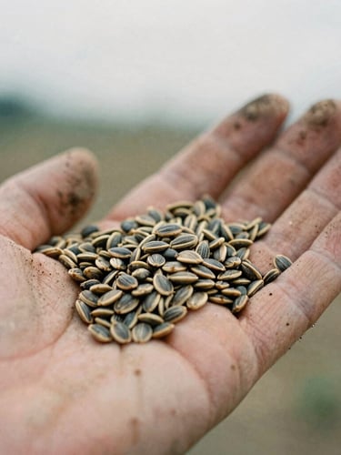 Macro photograph of raw heirloom seeds held in soil-stained hands, natural overcast daylight, earthy muted tones, highly detailed 35mm film grain.