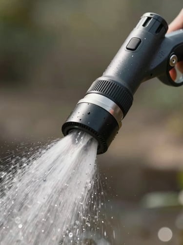 Close-up of a modern high-pressure hydro-jetting nozzle with water spraying in a controlled pattern, professional utility lighting, sharp focus on technical gear.