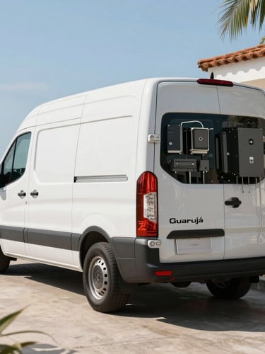 Bright daylight shot of a modern clean service van parked outside a coastal property in Guarujá, high-tech tools visible in the back.