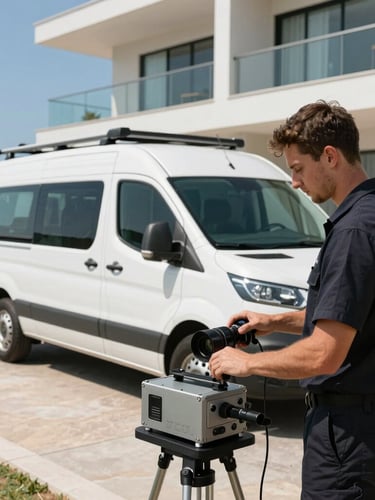 A clean service van parked outside a modern coastal villa in Guaruja, bright daylight, professional technician in uniform preparing high-tech equipment, sharp focus.