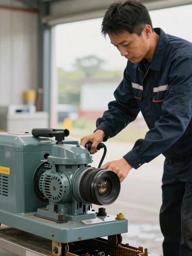 Professional technician in clean navy uniform operating a motorized drain cleaning machine, focused daylight lighting, tidy work area.