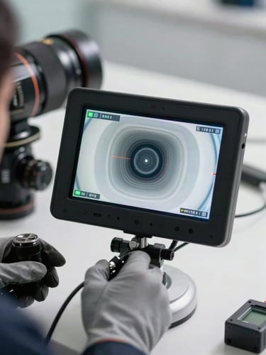 Close-up of a high-tech video inspection screen showing the clean interior of a pipe, a professional technician's gloved hand adjusting the camera cable, bright daylight, clean and modern tools.