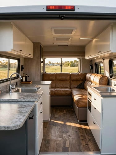 A detailed, crisp shot of the trailer's interior kitchen and living area, showcasing the immaculate condition of the countertops, leather seating, and pristine cabinets, natural daylight streaming through the window, 35mm.