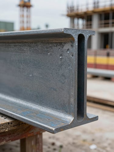 Extreme close-up of steel I-beam flange surface at a mid-construction site, overcast daylight revealing mill scale texture and precise rolled edge geometry, active construction environment visible out of focus in background, honest conditions framing