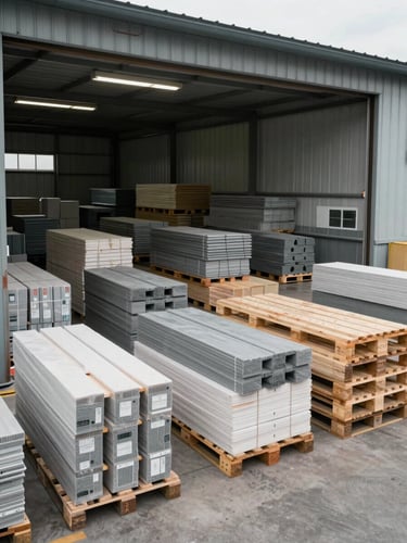 Environmental wide shot of a loading dock at an industrial supply warehouse, full pallets of mixed construction materials staged in organized rows, overcast daylight through open dock doors, honest working conditions with visible dust and material scale