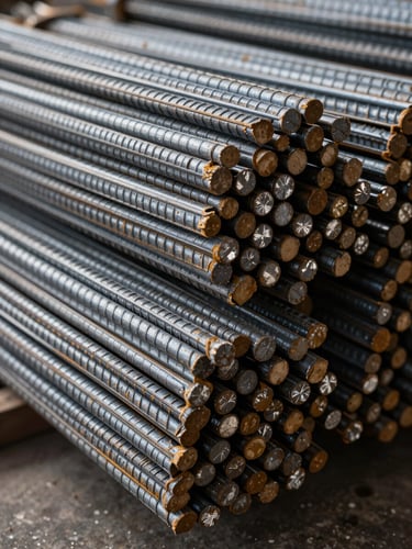 Extreme close-up of bundled rebar stacked horizontally in a warehouse, cool north-light interior, steel surface texture showing ribs and mill scale in sharp focus, deep shadow between bundles, industrial scale