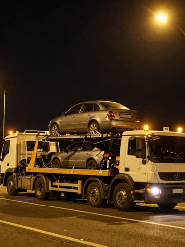 High-contrast night shot under yellow sodium highway lights of a professional tilt-bed tow truck loading a passenger car on the Balıkesir highway corridor, steel cables tensioned, amber warning lights flashing.