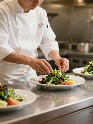Brightly lit, clean commercial restaurant kitchen with stainless steel counters, where a professional chef in a clean white uniform is precisely plating fresh greens.