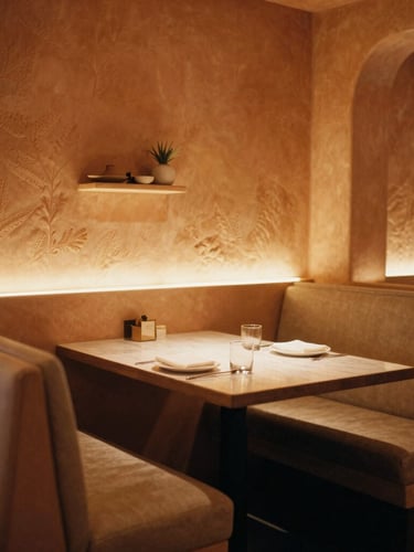 A cozy dining booth at Desert Moon restaurant, soft golden indoor lighting, terracotta plaster walls, minimalist desert decor, warm editorial restaurant photography, 35mm