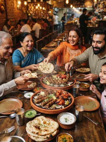 A high-angle portrait of a family sharing large terracotta platters of steaming kebabs and butter naan in a warm, brightly lit restaurant interior.