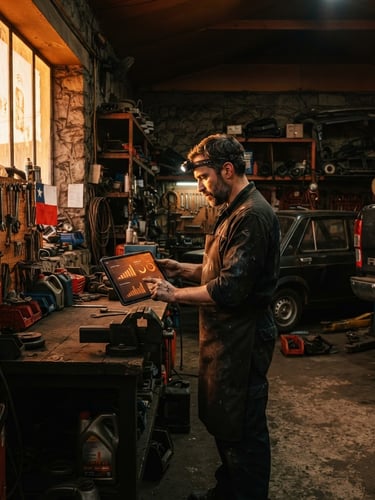 Wide shot of a small Chilean automotive workshop interior at golden hour, a mechanic reviewing a digital tablet showing growth charts, warm orange light filtering through, high contrast.