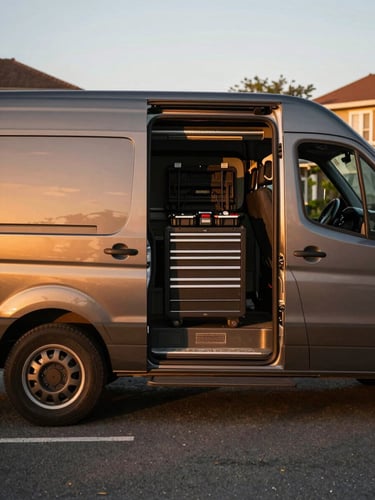 Wide shot of a dark work van parked on a residential street at golden hour, driver-side door open revealing organized tool cases inside, warm amber light raking across the vehicle panel from the left