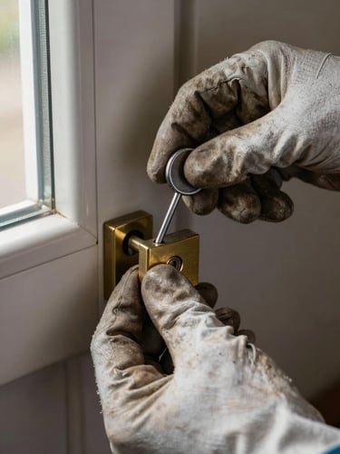 Close-up of a locksmith's hands inserting a pick tool into a residential deadbolt cylinder, fingers steady and precise, natural window light from the left casting soft shadows across worn work gloves and the brass lock face, documentary framing