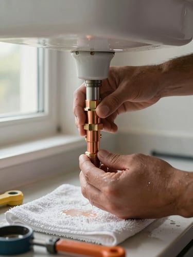 Close-up of a plumber's hands tightening a copper pipe fitting under a sink, natural window light from the left, wet towel and tools visible on the cabinet floor below, shallow depth of field on the joint