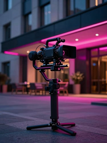 Cinematic shot of a professional camera rig on a stabilizer, filming a luxury hotel lobby at dusk, neon accents, high contrast, 35mm