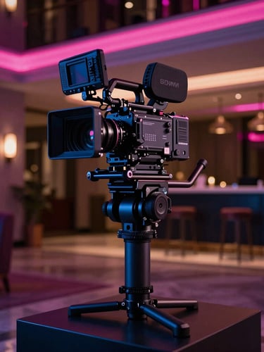 Cinematic editorial photography of a professional cinema camera on a stabilizer inside a luxury hotel lobby, dramatic low-key lighting, neon fuchsia accents, high contrast, 35mm
