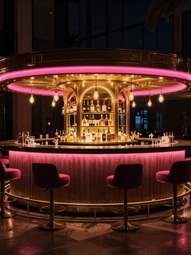 Cinematic editorial photography of a luxury hotel lobby bar at night, warm gold and neon fuchsia accents, dramatic low-key lighting, high contrast, 35mm