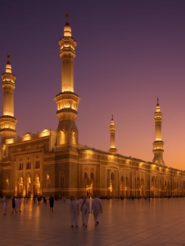 Wide panoramic view of Masjid al-Haram at golden hour, the Grand Mosque illuminated in warm amber light, minarets rising against a deep violet dusk sky, pilgrims small in the foreground approaching the entrance, vast open plaza stretching to the right