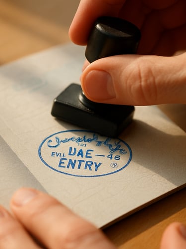 Close-up of hands pressing a UAE entry stamp onto a passport page, warm daylight through a window casting soft shadows, ink visibly wet, document details in soft focus
