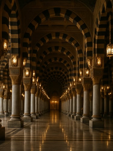 Wide interior of Masjid al-Nabawi prayer hall corridor, arched columns receding into soft golden light on the left third, marble floor reflecting warm tungsten lamps, no people visible, atmosphere of stillness