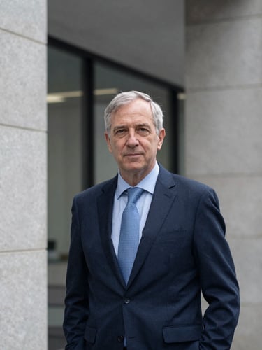 Environmental portrait of a senior financial advisor in a modern London office, cool overcast daylight, navy and slate gray tones, architectural framing, 35mm