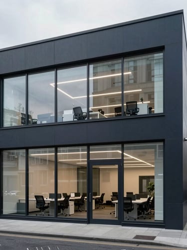 Professional editorial photography of a modern clean office environment in London, cool overcast daylight, architectural framing, sharp focus, 35mm