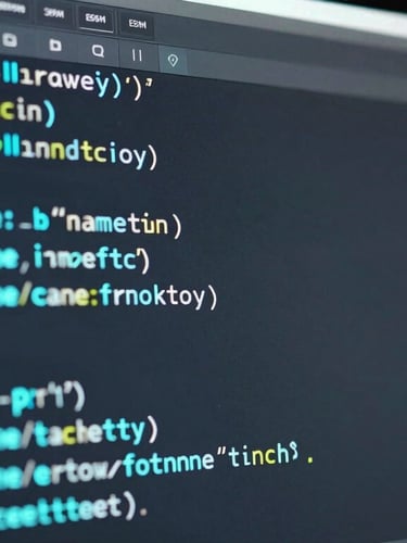 Extreme close-up of a clean code interface on a high-end monitor, displaying structured syntax, cool-toned electric cyan highlights, dark background, shallow depth of field