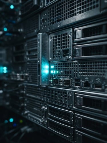 Macro photography of physical server rack units, brushed metal textures, cool-toned low-key studio lighting, sharp directional highlights, desaturated slate and electric cyan, macro lens