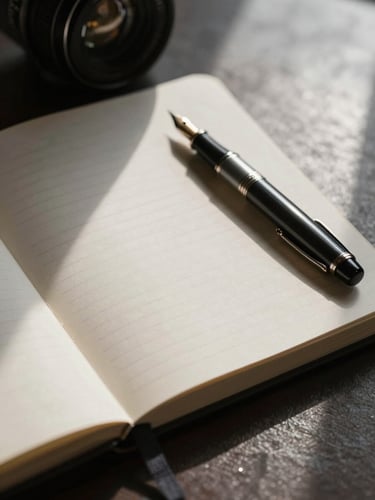 Low-key dramatic side-lighting on a structured workspace, featuring a textured notebook, a classic fountain pen, and sharp architectural lines, conveying clinical precision and executive authority.