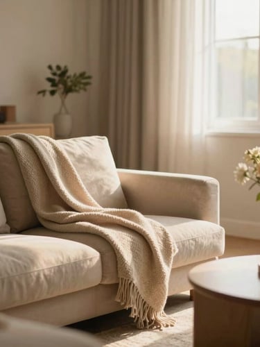 Warm editorial photograph of a sunlit residential living room with comfortable, modern furnishings, a soft blanket draped over a chair, and a vase of fresh flowers, shallow depth of field.