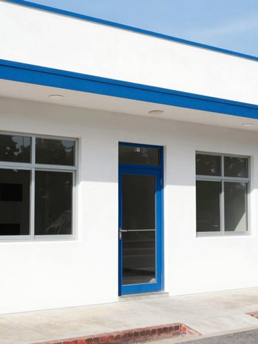 Crisp commercial shot of a clean property exterior, bright natural daylight, royal blue accents, sharp focus, 35mm.