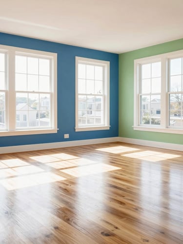 Bright high-key commercial photography, pristine modern living room with sparkling clean hardwood floors, natural daylight streaming through large windows, 35mm