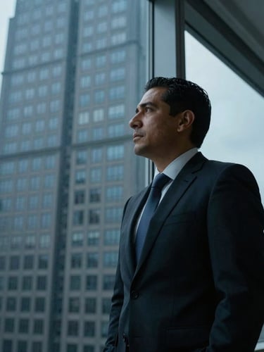 Close-up of a sharp-suited Mexican lawyer looking out of a high-rise office window in Monterrey, dramatic low-key lighting, cool steel blue tones, professional 35mm photography