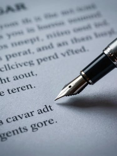 Macro shot of a fountain pen signing a complex legal deed on textured heavy paper, sharp focus on the nib, dramatic low-key lighting, cool graphite tones