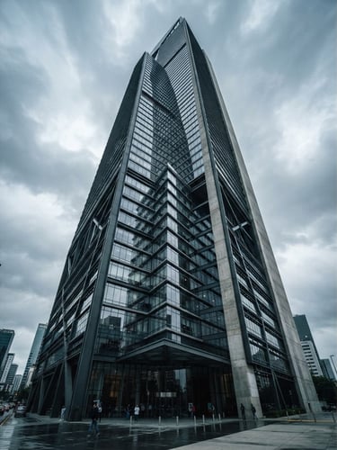 Low angle dramatic shot of modern corporate steel and glass skyscraper in Monterrey, cool overcast daylight reflecting off the facade, sharp high-contrast lighting, 35mm