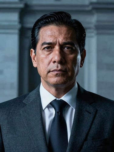 Powerful close-up portrait of an authoritative Mexican attorney in a sharp dark suit looking forward, dramatic high-contrast studio lighting, cool steel blue tones, 35mm
