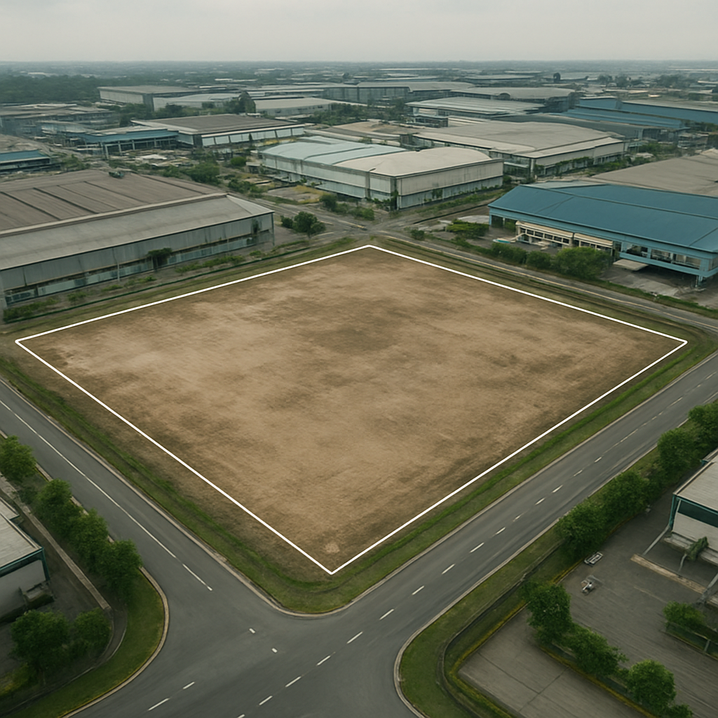 Wide diagonal aerial view of an industrial lot in Johor Bahru, clear lot boundary lines visible, overcast daylight for sharp detail, surrounding roads and neighbouring factories visible in the lower frame
