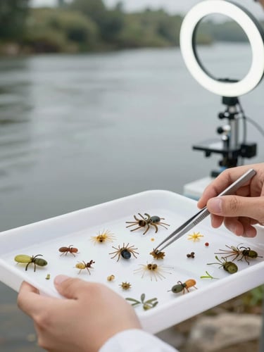 Hands of a field researcher sorting aquatic macroinvertebrates on a white tray with tweezers, natural overcast daylight, river background