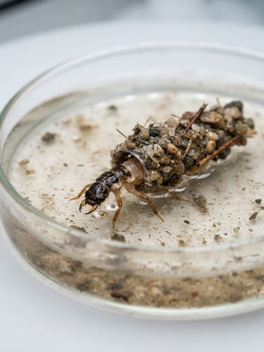 Macro photography of a caddisﬂy larva in a petri dish under crisp laboratory ring light, scientific riverine tones
