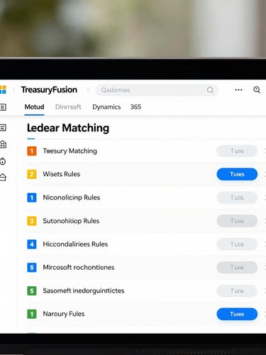 A high-fidelity clean UI mockup of TreasuryFusion ledger matching screen nested inside Microsoft Dynamics 365, showing automated reconciliation rules, cool natural daylight, macro crop.