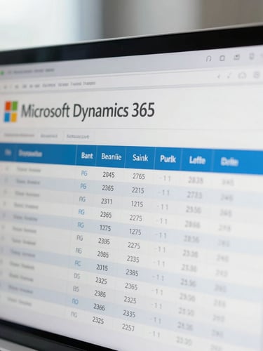 High-fidelity macro crop of Microsoft Dynamics 365 interface showing nested bank reconciliation ledger, crisp technical UI, cool natural office daylight.
